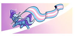 Size: 1920x1080 | Tagged: safe, artist:magician-horse, imported from derpibooru, trixie, pony, unicorn, cape, clothes, eyes closed, female, flag, hat, headcanon, lgbt headcanon, mouth hold, pride, pride flag, trans female, trans trixie, transgender, transgender pride flag, trixie's cape, trixie's hat