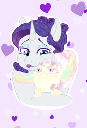 Size: 2096x3088 | Tagged: safe, artist:miyathegoldenflower, imported from derpibooru, rarity, oc, oc:angel aurora quarz, dracony, dragon, hybrid, pony, unicorn, alternate hairstyle, duo, female, heart, high res, hug, interspecies offspring, mother and child, mother and daughter, offspring, parent:rarity, parent:spike, parents:sparity, purple background, simple background