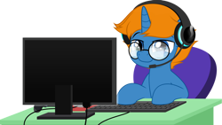 Size: 800x451 | Tagged: safe, artist:jhayarr23, imported from derpibooru, oc, oc only, oc:jack chestnut, pony, computer, headphones, male, simple background, solo, stallion, transparent background