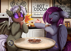 Size: 3509x2550 | Tagged: safe, artist:pridark, imported from derpibooru, oc, oc only, bat pony, changeling, hybrid, pony, bat pony oc, bat wings, cafe, chocolate, commission, cookie, cup, duo, eyes closed, fire, food, high res, hot chocolate, indoors, open mouth, plate, sitting, table, whipped cream, wings