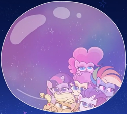 Size: 1346x1205 | Tagged: safe, imported from derpibooru, screencap, applejack, fluttershy, pinkie pie, rainbow dash, rarity, twilight sparkle, pony, my little pony: pony life, spoiler:pony life s02e08, bubble, bubble trouble, cropped, female, g4.5, in bubble, in the bubble, mane six, mare, pony life, pony pile, squishy