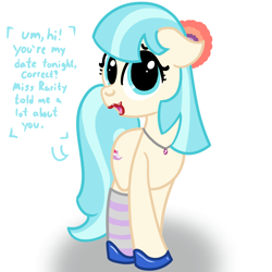 Size: 1200x1200 | Tagged: safe, artist:dafiltafish, imported from derpibooru, coco pommel, earth pony, pony, clothes, jewelry, lipstick, looking at you, necklace, simple background, socks, solo, text, white background