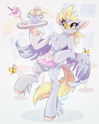 Size: 2000x2500 | Tagged: safe, artist:alexbluebird, imported from derpibooru, derpy hooves, butterfly, pegasus, semi-anthro, apron, butterfly on nose, cheek fluff, chest fluff, clothes, colored hooves, female, fetlock tuft, fluffy, food, high res, ice cream, insect on nose, losing balance, solo, startled, waitress