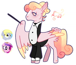 Size: 1280x1099 | Tagged: safe, artist:babypaste, artist:goatpaste, imported from derpibooru, derpy hooves, princess cadance, oc, oc:coiled rhythums, pegasus, pony, conductor's baton, maestro, magical lesbian spawn, offspring, parent:derpy hooves, parent:princess cadance, screencap reference, simple background, white background, wing hold