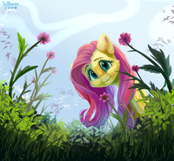 Size: 3000x2786 | Tagged: safe, artist:teaflower300, imported from derpibooru, fluttershy, pegasus, pony, cheek fluff, cute, ear fluff, female, flower, folded wings, grass, happy, high res, looking at you, looking down, looking down at you, mare, outdoors, shyabetes, sky, smiling, solo, wings, worm's eye view