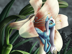 Size: 4000x3000 | Tagged: safe, artist:faline-art, imported from derpibooru, breezie, cloud, female, flower, lily (flower), looking up, lying down, mare, micro, prone, scenery, smiling, solo