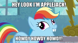 Size: 600x337 | Tagged: safe, edit, edited screencap, imported from derpibooru, screencap, rainbow dash, newbie dash, caption, forthright filly, howdy, image macro, memeful.com, text, toy story