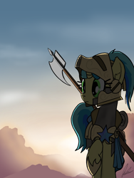 Size: 3000x4000 | Tagged: safe, artist:flaremoon, imported from derpibooru, oc, oc only, oc:mercury haze, pony, unicorn, armor, chainmail, female, guard, guardsmare, mare, royal guard, signature, solo, sunset, walking, weapon