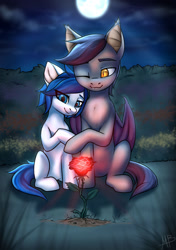 Size: 1024x1451 | Tagged: safe, artist:megabait, imported from derpibooru, oc, oc only, oc:daria quanto, oc:night vision, bat pony, earth pony, couple, female, flower, love, male, moon, night, red, red rose, relationship, romantic, rose