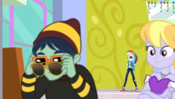 Size: 3410x1920 | Tagged: safe, imported from derpibooru, screencap, rainbow dash, waldo whereabout, equestria girls, equestria girls series, holidays unwrapped, spoiler:eqg series (season 2), clothes, converse, cutie mark, cutie mark on clothes, dashing through the mall, female, geode of super speed, hoodie, jewelry, magical geodes, male, necklace, nose in the air, open mouth, shoes, smiling, sunglasses