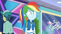 Size: 3410x1920 | Tagged: safe, imported from derpibooru, screencap, rainbow dash, equestria girls, equestria girls series, holidays unwrapped, spoiler:eqg series (season 2), clothes, cutie mark, cutie mark on clothes, dashing through the mall, faic, female, geode of super speed, hoodie, jewelry, magical geodes, male, necklace, rainbow dash is best facemaker, solo focus, wide eyes