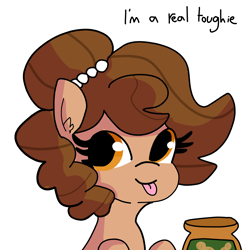 Size: 3000x3000 | Tagged: safe, artist:tjpones, imported from derpibooru, oc, oc only, oc:brownie bun, earth pony, pony, blatant lies, food, high res, looking at you, peanut butter, raspberry, smiling, solo, tongue out