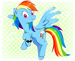 Size: 2421x1998 | Tagged: safe, artist:fuyugi, artist:nendo, imported from derpibooru, rainbow dash, pegasus, pony, bow, bracelet, cute, dashabetes, flying, jewelry, ribbon, solo, spread wings, wings