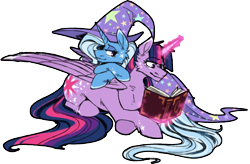Size: 1618x1062 | Tagged: safe, alternate version, artist:mechanakal, edit, imported from derpibooru, trixie, twilight sparkle, book, cape, clothes, female, hat, lesbian, magic, shipping, simple background, telekinesis, transparent background, trixie's cape, trixie's hat, twixie
