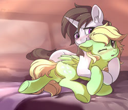 Size: 1400x1200 | Tagged: safe, artist:drtuo4, imported from derpibooru, oc, oc only, oc:horsewhite, pegasus, pony, unicorn, bed, biting, blushing, butt, ear bite, ear fluff, featureless crotch, hug, looking at each other, one eye closed, open mouth, plot, underhoof