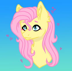 Size: 1280x1266 | Tagged: safe, artist:delfinaluther, imported from derpibooru, fluttershy, pegasus, pony, blushing, bust, chest fluff, ear fluff, female, gradient background, heart, mare, portrait, solo, stray strand, three quarter view