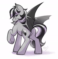 Size: 1871x1915 | Tagged: safe, artist:amishy, imported from derpibooru, oc, oc only, bat pony, pony, lidded eyes, looking at you, looking back, smiling, solo, spread wings, wings