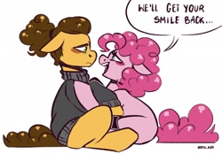 Size: 2048x1427 | Tagged: safe, artist:lrusu, imported from derpibooru, cheese sandwich, pinkie pie, earth pony, pony, the last laugh, cheesepie, clothes, dialogue, female, hug, male, sad, shipping, smiling, straight, sweater