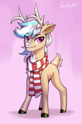 Size: 2000x3000 | Tagged: safe, artist:jedayskayvoker, imported from derpibooru, oc, oc:karolin, deer, clothes, colored, colored sketch, deer oc, full color, gradient background, high res, hooves, looking at you, male, rule 63, scarf, sketch