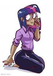 Size: 1149x1640 | Tagged: safe, artist:lrusu, imported from derpibooru, twilight sparkle, human, dark skin, glasses, humanized, looking at you, moderate dark skin, smiling, solo