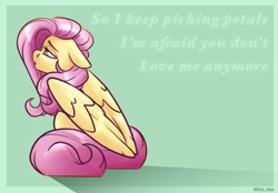 Size: 2048x1423 | Tagged: safe, artist:lrusu, imported from derpibooru, fluttershy, pegasus, pony, female, floppy ears, folded wings, fortune telling on chamomile, lidded eyes, looking away, looking up, mare, melancholy, profile, sad, sitting, solo, text, wings