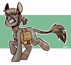 Size: 1897x1735 | Tagged: safe, artist:lrusu, imported from derpibooru, oc, oc only, oc:emerald strass, donkey, hybrid, mule, pony, zebra, zony, bag, chest fluff, ear piercing, earring, glasses, jewelry, looking at you, neck rings, piercing, saddle bag, smiling, solo