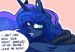 Size: 2048x1423 | Tagged: safe, artist:lrusu, imported from derpibooru, princess luna, alicorn, pony, braces, clothes, dialogue, ear piercing, earring, hoodie, jewelry, looking at you, looking back, misspelling, piercing, solo, teenager, younger