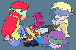 Size: 2531x1664 | Tagged: safe, artist:bugssonicx, imported from derpibooru, blueberry pie, derpy hooves, raspberry fluff, equestria girls, arm behind back, blindfold, bondage, bound and gagged, bound wrists, cloth gag, gag, help us, hogtied, rope, rope bondage, the muffins, tied up