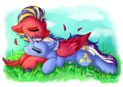 Size: 4093x2894 | Tagged: safe, artist:julunis14, imported from derpibooru, oc, oc only, pegasus, pony, unicorn, commission, cuddling, cute, digital art, duo, eyes closed, feather, flower, hug, jewelry, meadow, oc name needed, ring, signature, spring, tail, tail ring, wholesome, winghug, wings