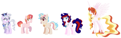 Size: 2087x654 | Tagged: safe, artist:gallantserver, imported from derpibooru, princess celestia, princess platinum, oc, oc:jovial ignimbrite, oc:morning sunrise, oc:vanilla blossom, alicorn, pony, unicorn, alternate hairstyle, female, magical lesbian spawn, male, mare, offspring, parent:princess celestia, parent:princess platinum, simple background, stallion, transparent background