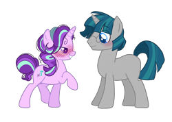 Size: 3200x2283 | Tagged: safe, artist:gallantserver, imported from derpibooru, starlight glimmer, stygian, pony, base used, blushing, drunk, drunker glimmer, female, glasses, high res, male, shipping, simple background, straight, transparent background