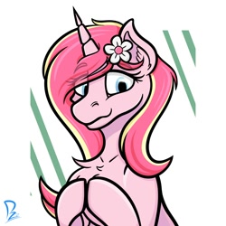 Size: 2000x2000 | Tagged: safe, artist:ph4z3r, artist:phazerarts, imported from derpibooru, oc, oc only, oc:rosa flame, pony, unicorn, chest fluff, flower, flower in hair, high res, smiling, solo, wavy mouth