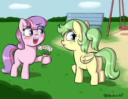 Size: 4000x3120 | Tagged: safe, artist:heretichesh, imported from derpibooru, oc, oc only, oc:april showers, oc:mayfly, earth pony, pegasus, pony, bench, blushing, bouquet of flowers, butt, female, filly, flower, lesbian, nervous, playground, plot, sweating bullets, swing set