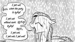 Size: 1200x675 | Tagged: safe, artist:pony-berserker, imported from derpibooru, fluttershy, pegasus, pony, andrew w.k., eyes closed, female, floppy ears, mare, monochrome, rain, singing, song reference, speech bubble, wet, wet mane
