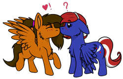 Size: 1307x846 | Tagged: safe, artist:rokosmith26, imported from derpibooru, oc, oc only, pegasus, pony, commission, duo, female, females only, floppy ears, heart, heart eyes, kissing, lesbian, mare, oc x oc, one hoof raised, ponytail, raised hoof, shipping, simple background, spread wings, standing, surprised, transparent background, wingding eyes, wings, ych result