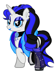 Size: 2955x3835 | Tagged: safe, artist:severity-gray, imported from derpibooru, oc, oc only, oc:coldlight bluestar, pony, unicorn, alternate hairstyle, bedroom eyes, choker, clothes, collar, dress, eyeshadow, feather boa, female, gala dress, high heels, high res, jewelry, latex, latex boots, lipstick, makeup, mare, necklace, platform heels, shoes, simple background, solo, transparent background