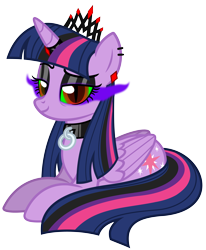 Size: 4791x5822 | Tagged: safe, artist:severity-gray, imported from derpibooru, twilight sparkle, alicorn, pony, alternate hairstyle, alternate timeline, alternate universe, collar, corrupted, corrupted twilight sparkle, crown, dark magic, dreamworks face, ear piercing, eyeshadow, horn, horn ring, jewelry, magic, makeup, piercing, regalia, ring, simple background, solo, sombra eyes, transparent background, twilight sparkle (alicorn)