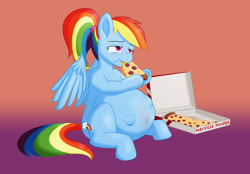 Size: 2550x1776 | Tagged: safe, artist:parturient, derpibooru exclusive, imported from derpibooru, rainbow dash, pegasus, pony, alternate hairstyle, belly, belly bumps, belly button, big belly, comfort eating, eating, female, food, kicking, lidded eyes, mare, momma dash, outie belly button, pizza, ponytail, preggo dash, pregnant, simple background, sitting, that pony sure does love pizza, wings