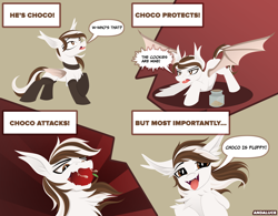 Size: 4186x3257 | Tagged: safe, artist:andaluce, imported from derpibooru, oc, oc:choco blanc, bat pony, pony, abstract background, apple, bat pony oc, bat wings, chest fluff, choker, clothes, comic, comic sans, cookie, cute, fangs, food, lineless, reference sheet, socks, spread wings, tongue out, wings