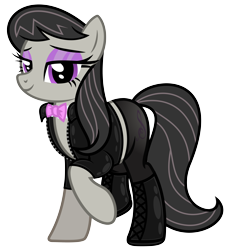 Size: 4140x4562 | Tagged: safe, alternate version, artist:severity-gray, imported from derpibooru, octavia melody, earth pony, pony, alternate hairstyle, bedroom eyes, boots, bow, bowtie, clothes, eyeshadow, jacket, leather, leather boots, leather jacket, looking at you, makeup, shoes, simple background, solo, tights, transparent background