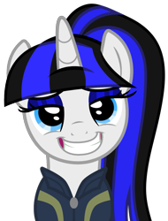 Size: 907x1194 | Tagged: safe, artist:severity-gray, imported from derpibooru, oc, oc only, oc:coldlight bluestar, pony, unicorn, fallout equestria, base used, clothes, eyeshadow, fallout, female, grin, horn, jumpsuit, looking at you, makeup, mare, ponytail, silly, silly face, simple background, smiley face, smiling, solo, transparent background, vault suit
