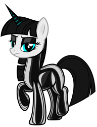 Size: 3057x3990 | Tagged: safe, alternate version, artist:severity-gray, imported from derpibooru, oc, oc:culpa, pony, unicorn, alternate hairstyle, eyeshadow, female, high res, latex, latex suit, living latex, makeup, mare, sad, shiny, simple background, solo, transparent background, unamused