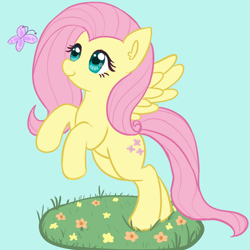 Size: 960x960 | Tagged: safe, artist:podiponi, imported from derpibooru, fluttershy, butterfly, pegasus, pony, cute, female, flower, grass, looking at something, looking up, mare, partial background, rearing, shyabetes, simple background, smiling, solo, spread wings, teal background, three quarter view, wings