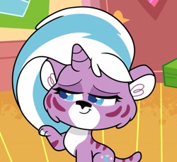 Size: 1015x927 | Tagged: safe, imported from derpibooru, screencap, my little pony: pony life, spoiler:pony life s02e12, back to the present, cropped, female, g4.5, lidded eyes, lightning chill, markings, pale belly, paws, pony life, smiling, smug, solo, tigercorn