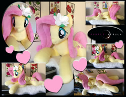 Size: 1280x990 | Tagged: safe, artist:purplenebulastudios, imported from derpibooru, fluttershy, pegasus, pony, cute, female, flower, flower in hair, heart, irl, life size, lying down, mare, photo, plushie, pretty, prone, shyabetes, solo