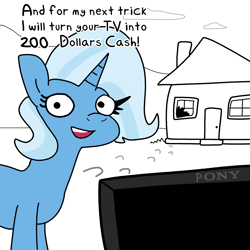 Size: 3000x3000 | Tagged: safe, artist:tjpones, imported from derpibooru, trixie, pony, unicorn, broken window, commission, female, high res, house, inconvenient trixie, mare, pony (sony), solo, stealing, talking to viewer, television, window