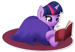 Size: 1538x1058 | Tagged: safe, artist:icy wings, imported from derpibooru, twilight sparkle, alicorn, pony, unicorn, blanket, book, cheek fluff, covers, cute, female, g4, mare, reading, simple background, smiling, transparent background, twiabetes, unicorn twilight