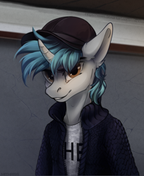 Size: 2759x3385 | Tagged: safe, artist:mithriss, imported from derpibooru, oc, oc only, anthro, unicorn, baseball cap, cap, clothes, hat, high res, horn, jacket, looking at you, male, shirt, smiling, smirk, solo, t-shirt