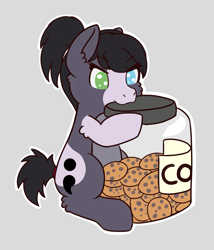 Size: 2145x2505 | Tagged: safe, artist:backgroundpony#f352, imported from derpibooru, oc, oc only, oc:eden, earth pony, pony, commission, cookie, female, food, gray background, heterochromia, high res, jar, mare, simple background, solo, ych result