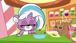 Size: 1920x1080 | Tagged: safe, imported from derpibooru, screencap, big cat, squirrel, tiger, my little pony: pony life, spoiler:pony life s02e12, animated, back to the present, brussel sprouts, burp, eating, female, food, g4.5, lightning chill, pony life, salad, salad bowl junction, sound, webm